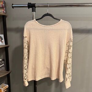 SHEIN Cream Waffle Knit Top with Lace Sleeves